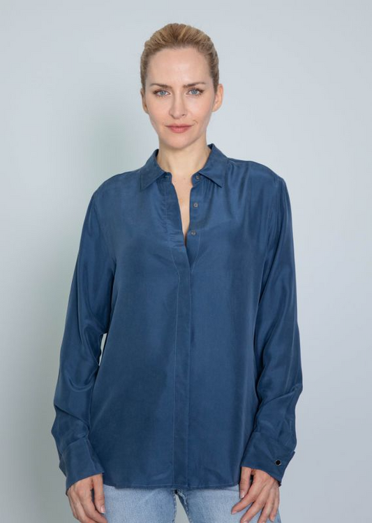 ODELLE CUFF SILK NAVY BLOUSE