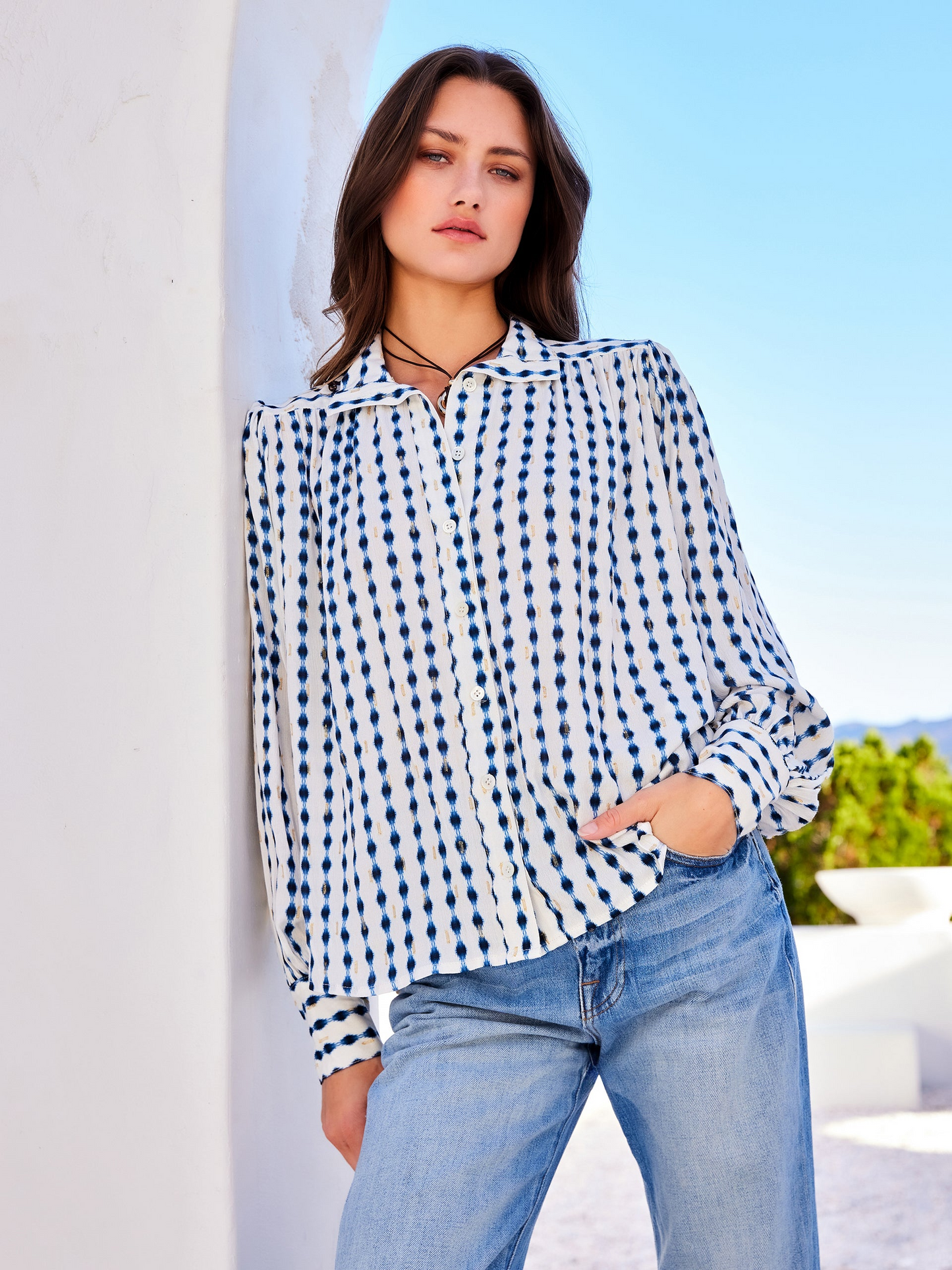 CHLOE IKAT DIAMOND PRINT CRINKLE BLOUSE