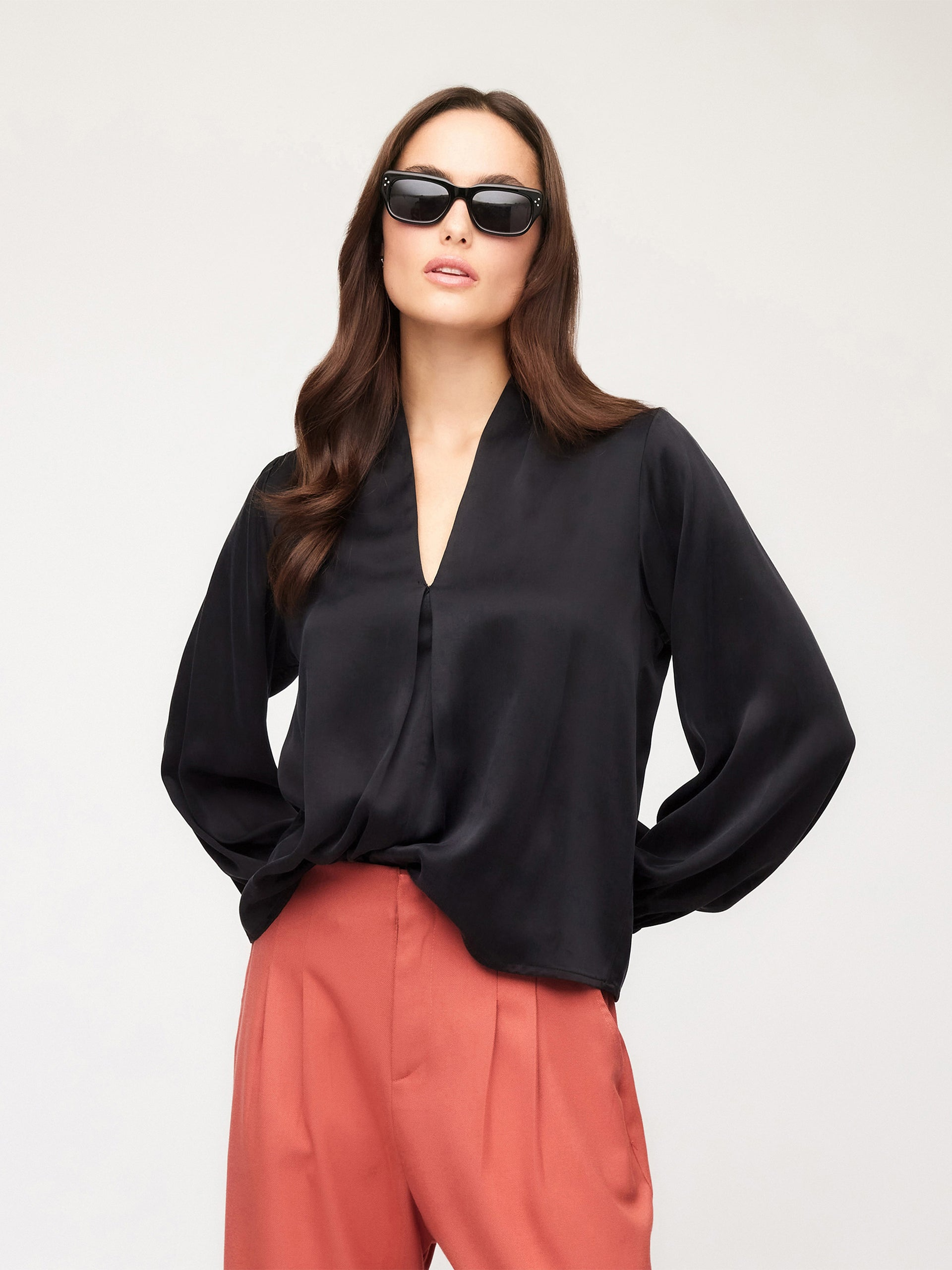 KIERA CUPRO WOVEN BLOUSON SLEEVE TOP - BLACK