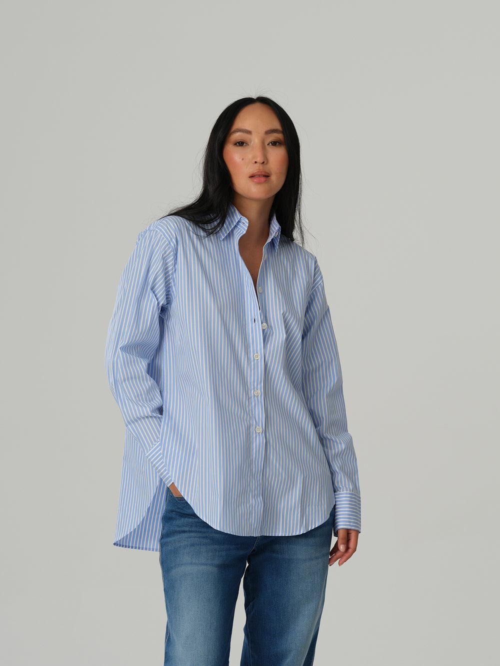 VILENA PIN STRIPE BUTTON DOWN SHIRT - LIGHT BLUE AND WHITE