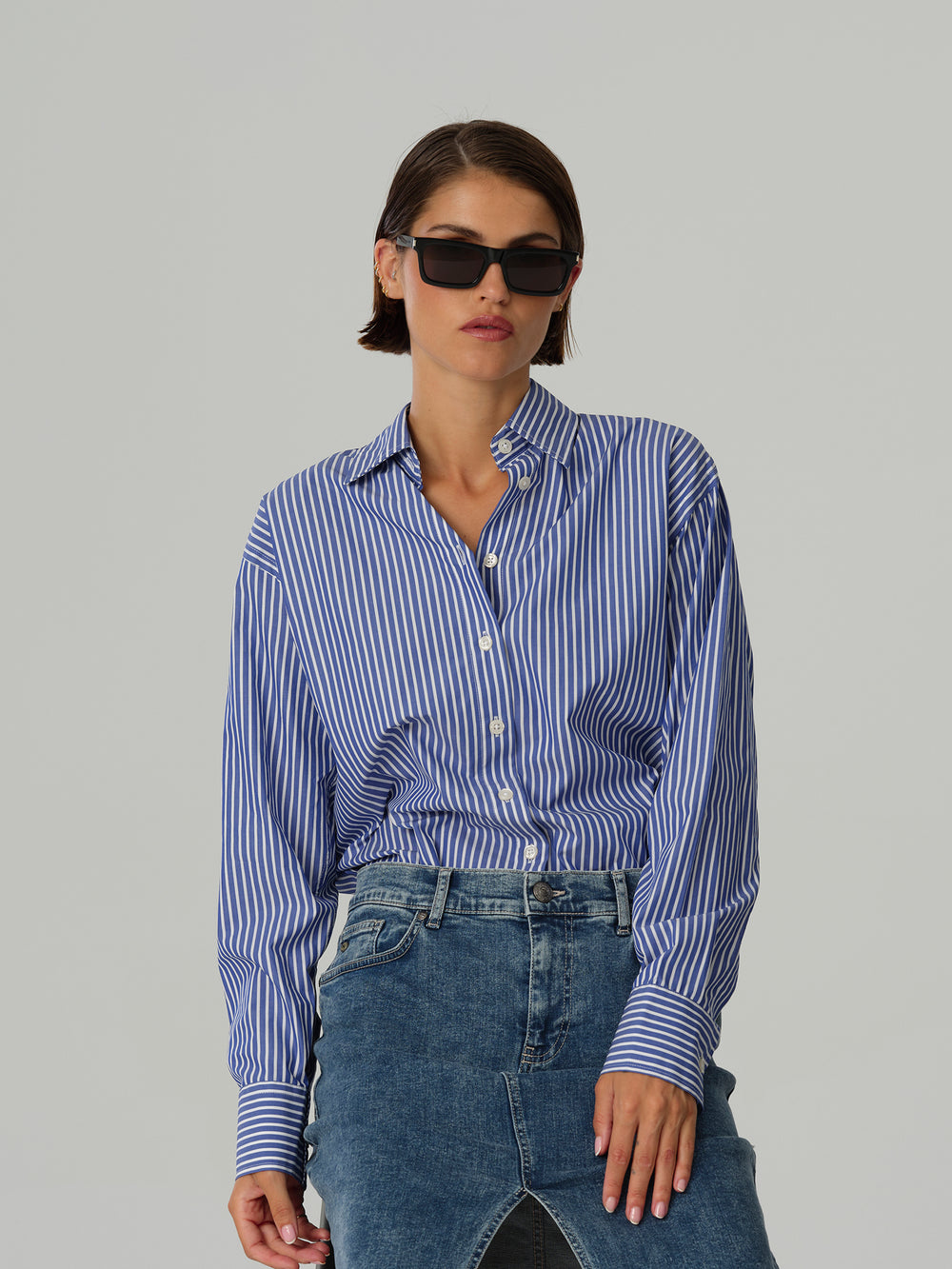 VILENA WIDE PIN STRIPE BUTTON DOWN SHIRT - DARK BLUE AND WHITE