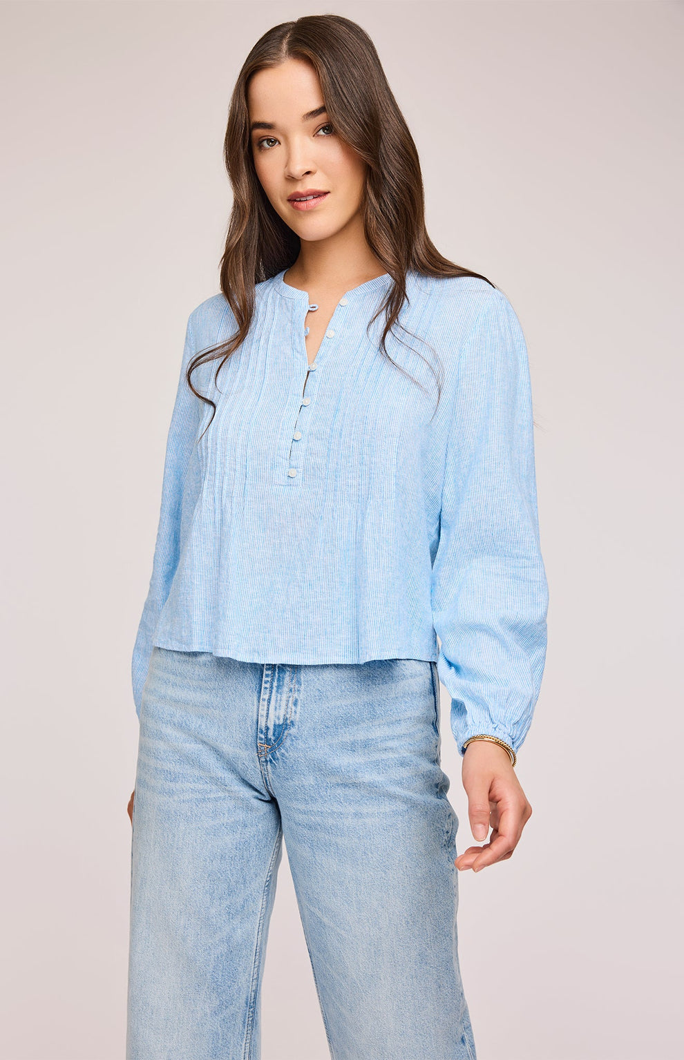 CHARLOTTE PIN TUCK LINEN BLEND TOP - CAPRI MINI STRIPE