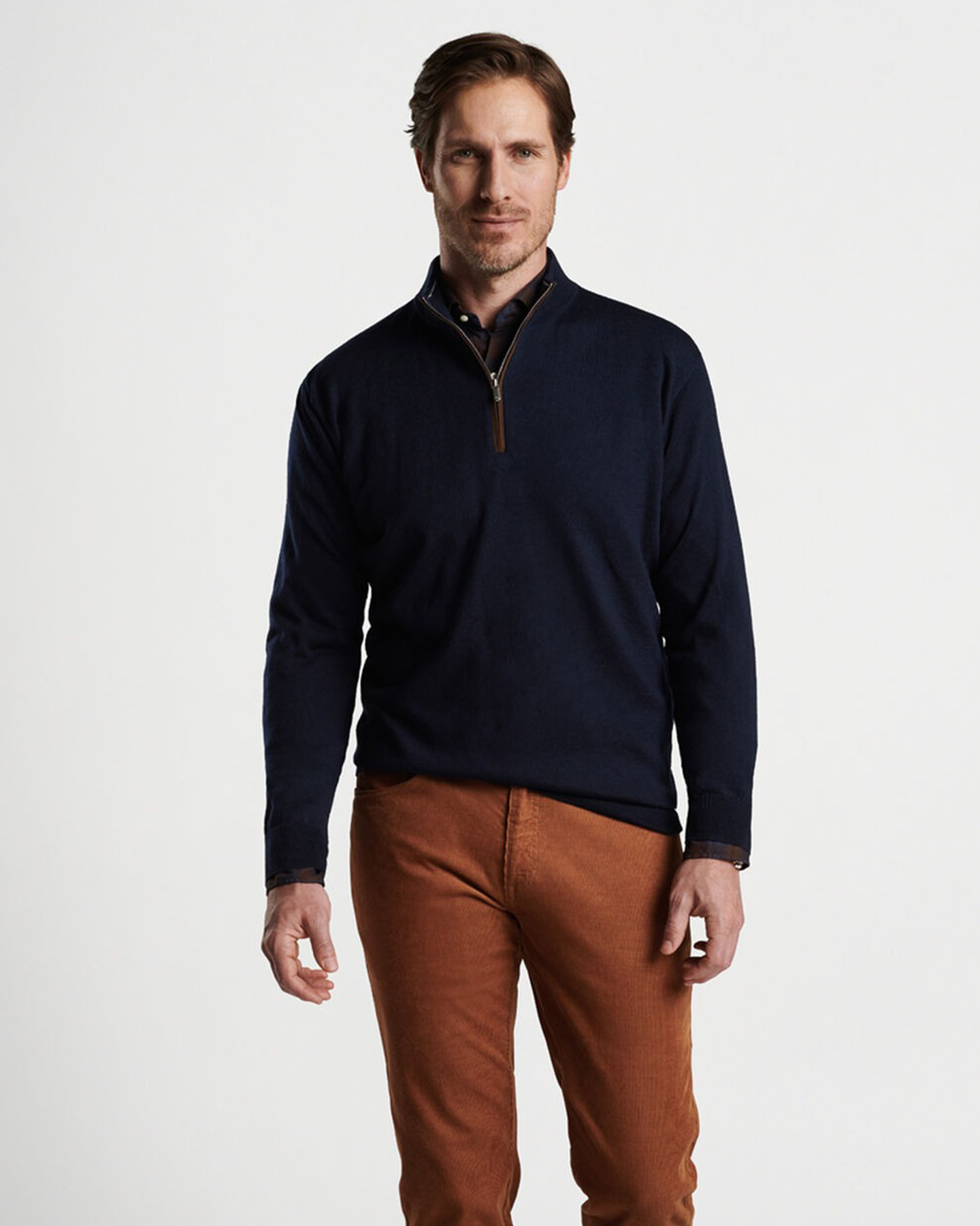 AUTUMN CREST SUEDE TRIM 1/4 ZIP SWEATER - NAVY