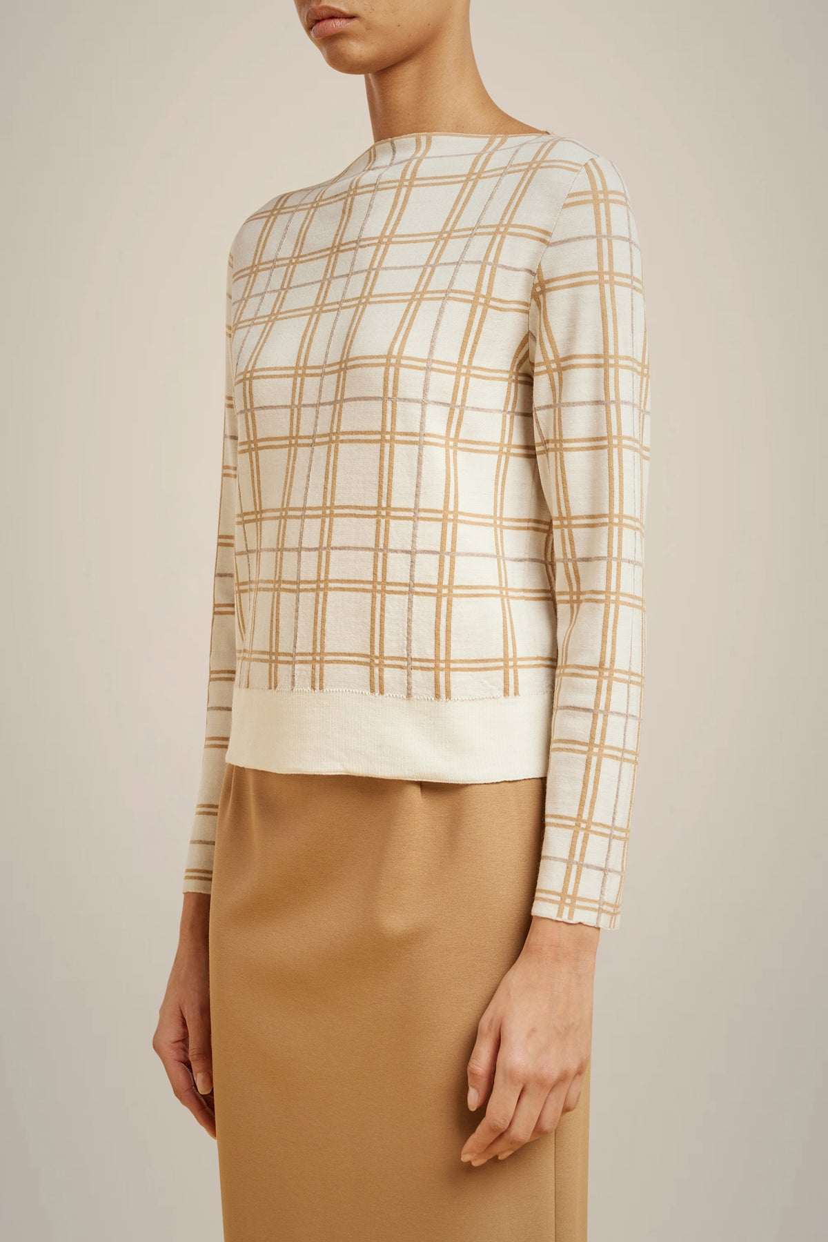 LIGHT TAN  VIRGIN WOOL CHECK SWEATER