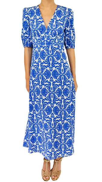 WHITE AND BLUE FLORAL PRINT COTTON BLEND DRESS