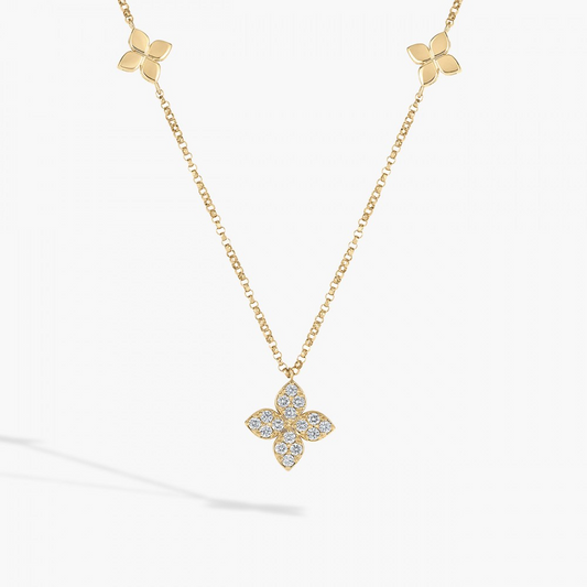 18K YG LOVE BY THE INCH DIAMOND & POLISHED FLOWER STATION NECKLACE