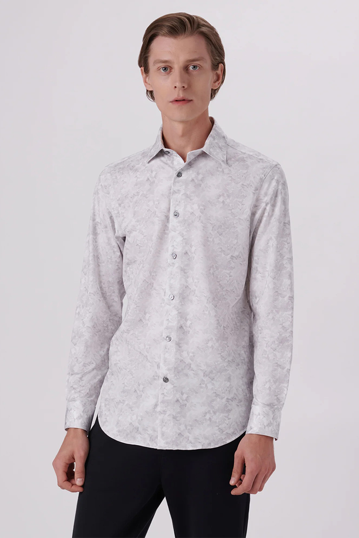 FADED LEAF PRINT 8 WAY STRETCH SHIRT - PLATINUM