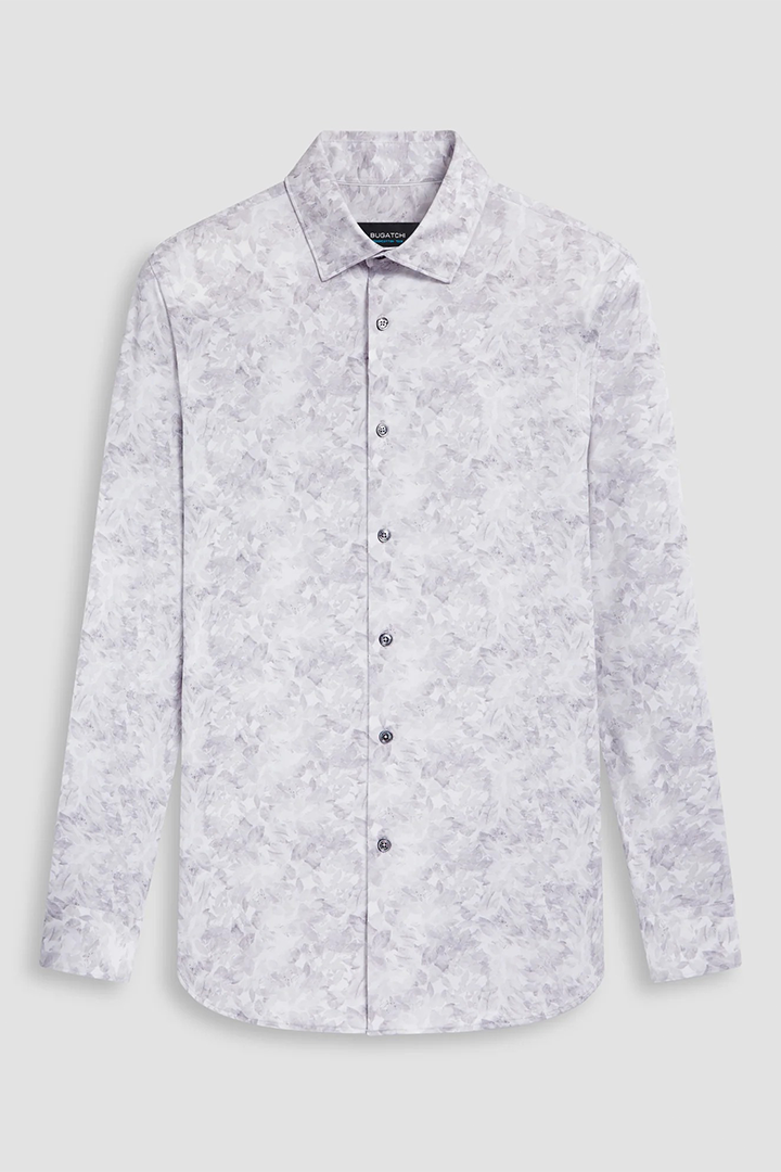 FADED LEAF PRINT 8 WAY STRETCH SHIRT - PLATINUM